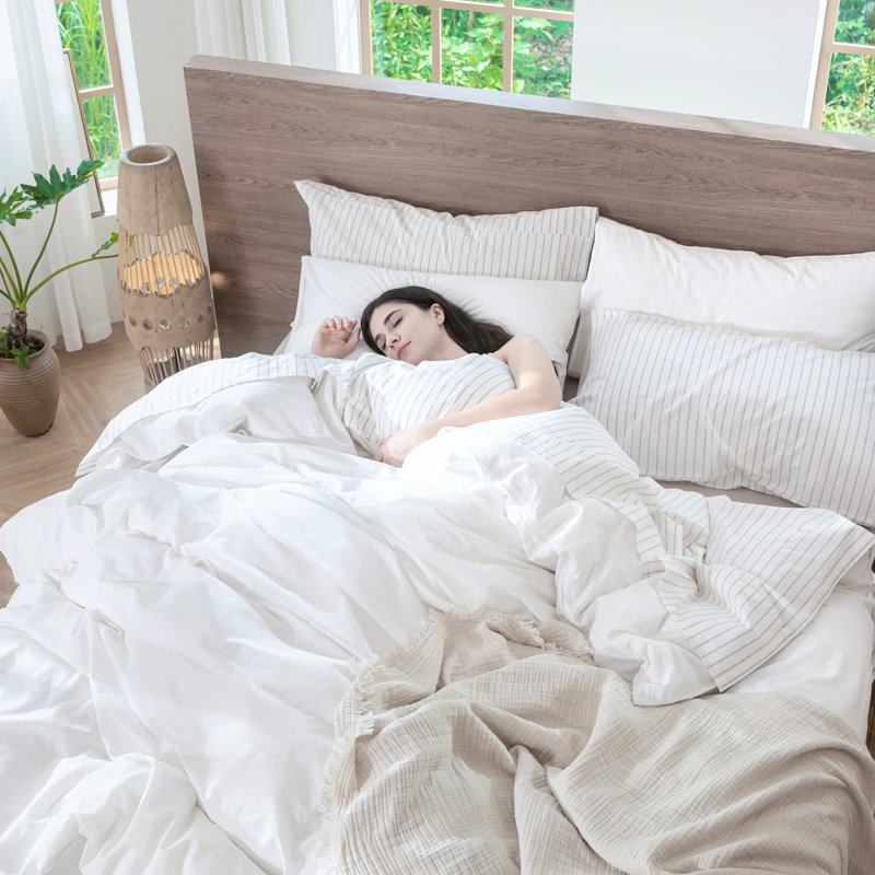 MooMee Duvet Cover Set 100% Washed Cotton Linen Like Textured Lightweight, Queen Duvet Cover + 2 Standard Pillowcases