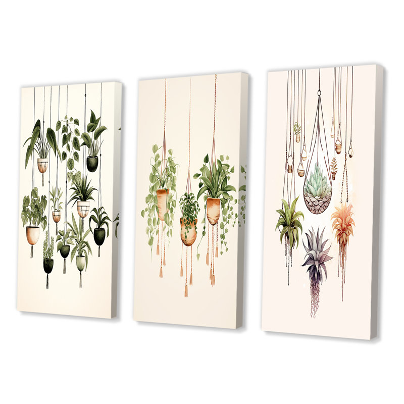 «Hanging Houseplants Boho Botanical Watercolor», 3 pièces sur toile, Toile tendue, H 28 po x l 36 po