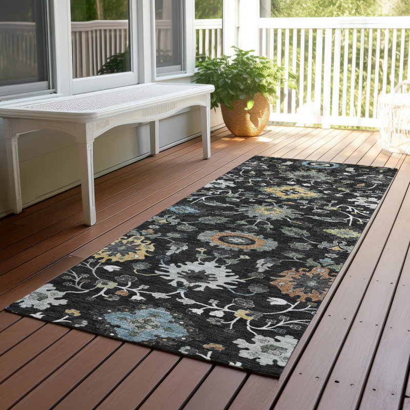 Tapis traditionnel lavable à la machine intérieur / extérieur ACN2458, Noir, Tapis de couloir 2 pi 3 po x 7 pi 6 po