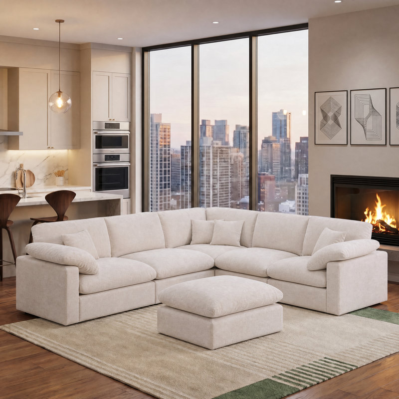 Oversized L-Shaped Corner Sectional Sofa, Chenille Cloud Modular Sofa, Upholstered Sectional With Ottomans Living Room Sets