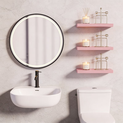 Pink Floating Shelves For Wall, Set Of 3 Wood Wall Shelves For Bathroom Bedroom Living Room Decor, 15.7 Inch, 22Lb Capacity