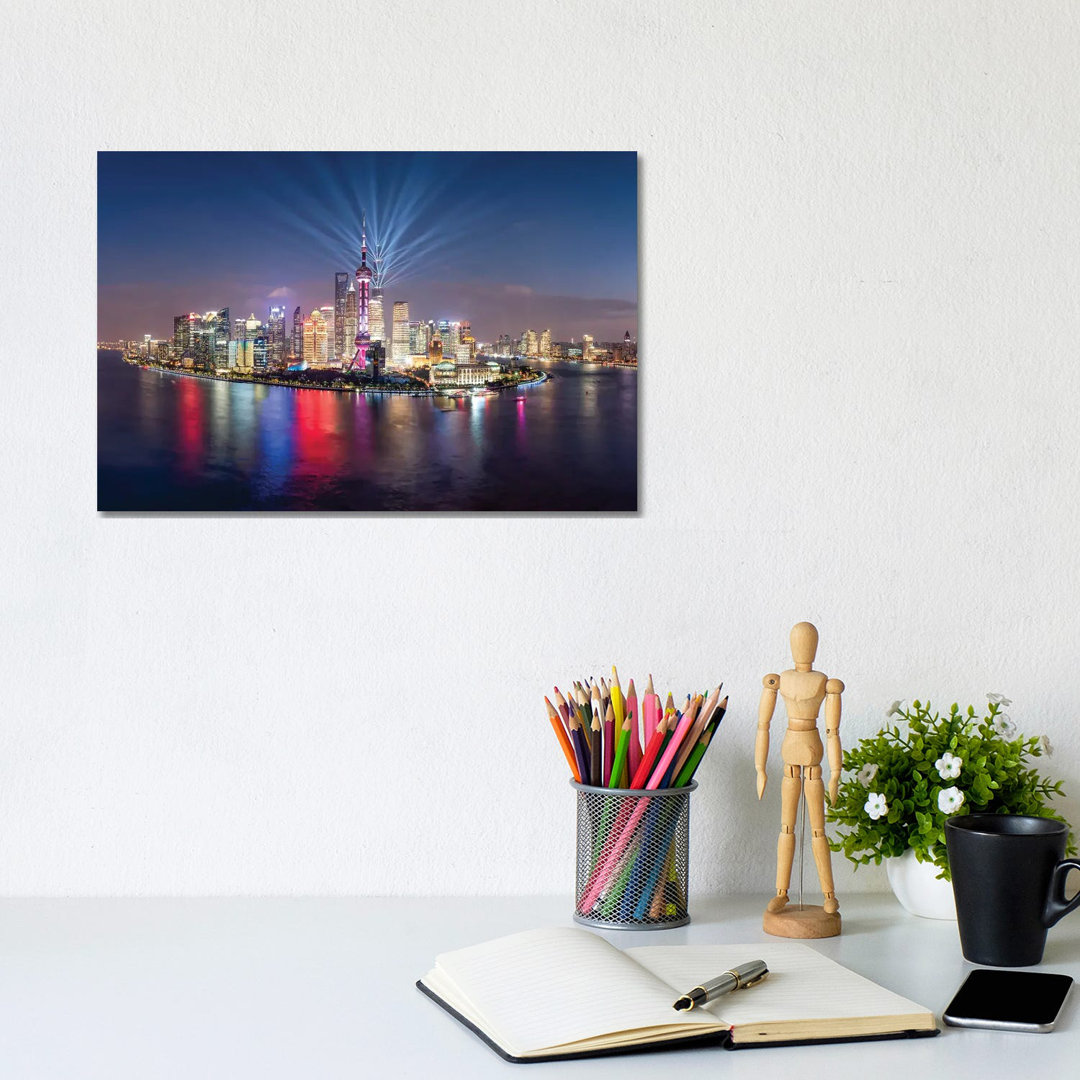 Pudong Skyline Lightshow, Shanghai, China by Jan Becke - Wrapped Canvas Print
