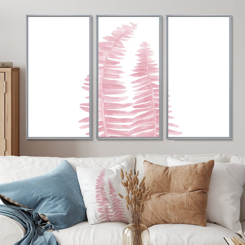 Deux roses fougères - ensemble d'art mural sur toile traditionnel encadré de 3, H 28 po x l 36 po, Argent argent