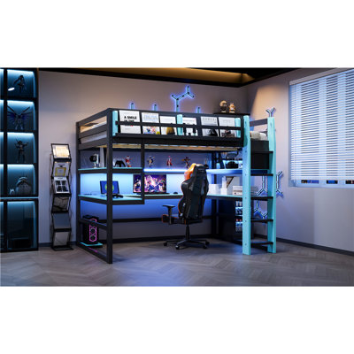 Lit mezzanine en bois pleine grandeur bleu nuage pour jouer et travailler, comprenant un bureau, un rangement latéral, des tablettes à plusieurs rangements,