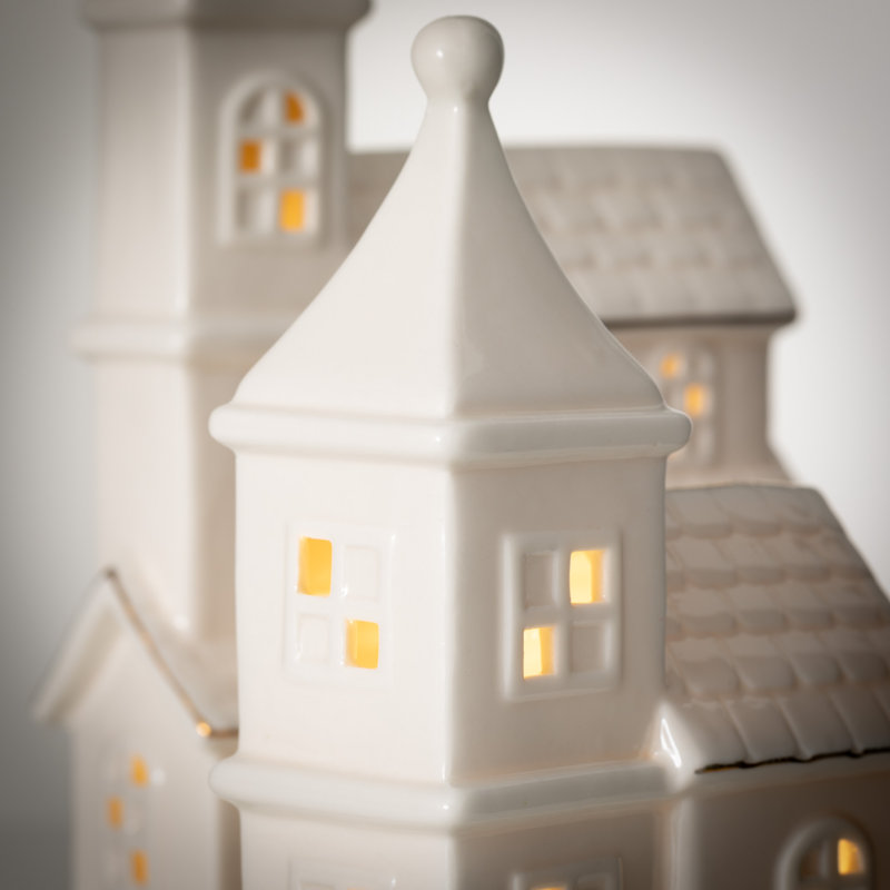 7.5"H And 9.75"H Lighted Porcelain Church; White