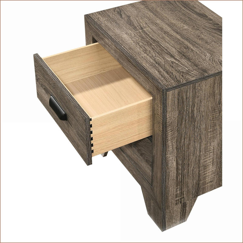 Table de chevet transitionnelle 2 tiroirs gris rustique avec quincaillerie en métal