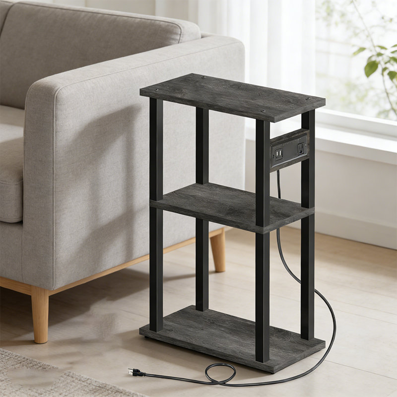 Small Narrow Nightstand With Charging Station & Wheels, Skinny End Table, Sofa Beside Table, Black/Charcoal Gray