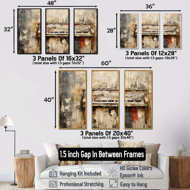 Rustic Brown Piano Melody I - Piano, art mural, H 40 po x l 60 po, Cadre flottant doré