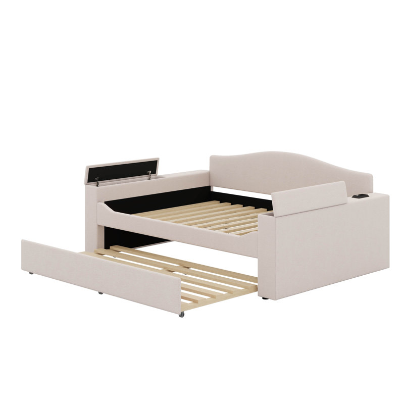 Full Upholstered Daybed With Trundle And Latest Bluetooth Audio System, Beige