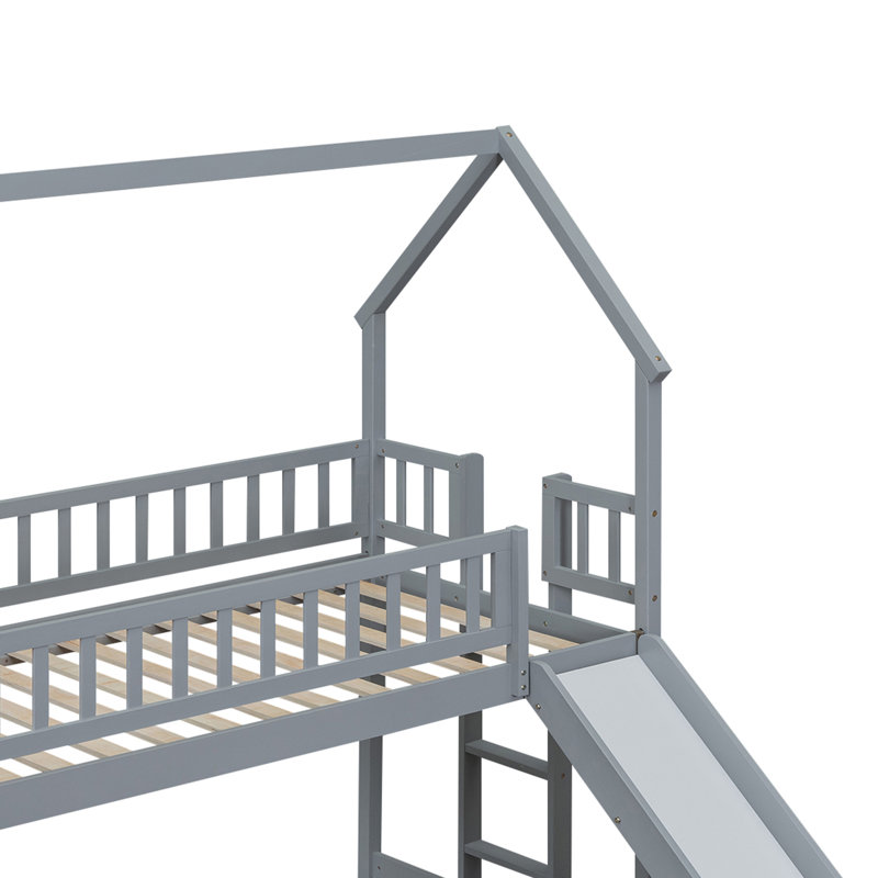 House Bunk Bed With Slide And Built-In Ladder, Gray