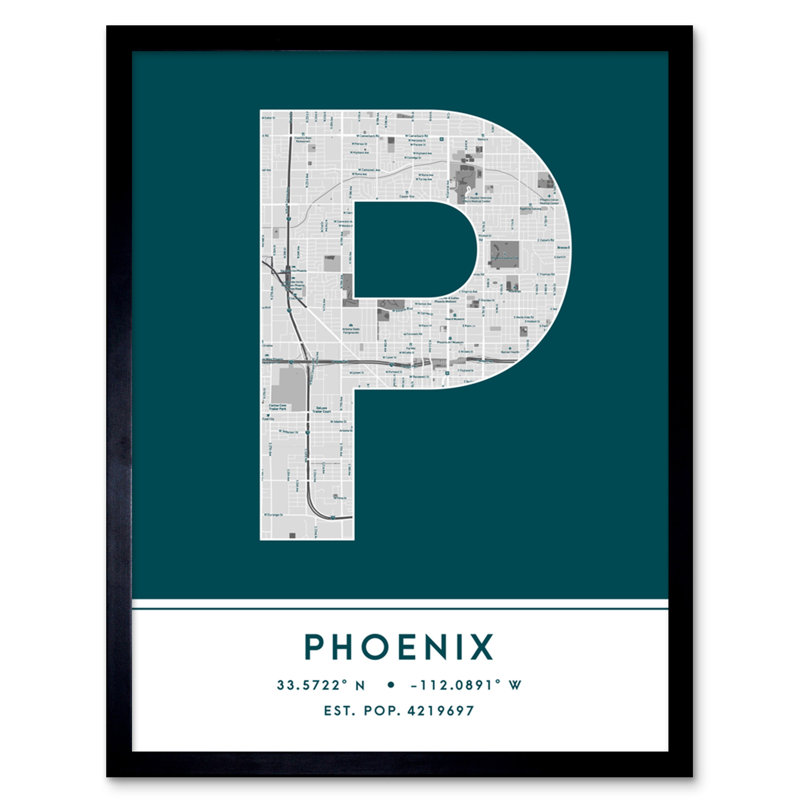 Phoenix Arizona United States City Map Teal - Single Picture Frame Typography