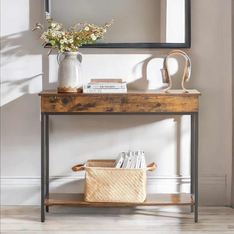 100Cm 2 Tier Rustic Console Table with 2 Drawers and Storage Shelf Entryway Living Room