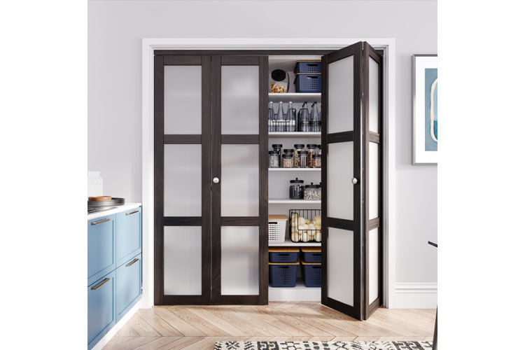 A kitchen pantry with a set of double bifold doors with frosted glass panels and espresso wood frames.