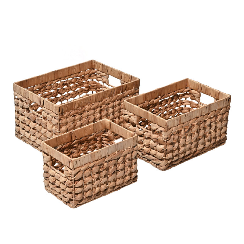 Bushong Bohemian Cottage Handwoven Hyacinth Rectangular Nesting Baskets with Handles (Set of 3), Natural