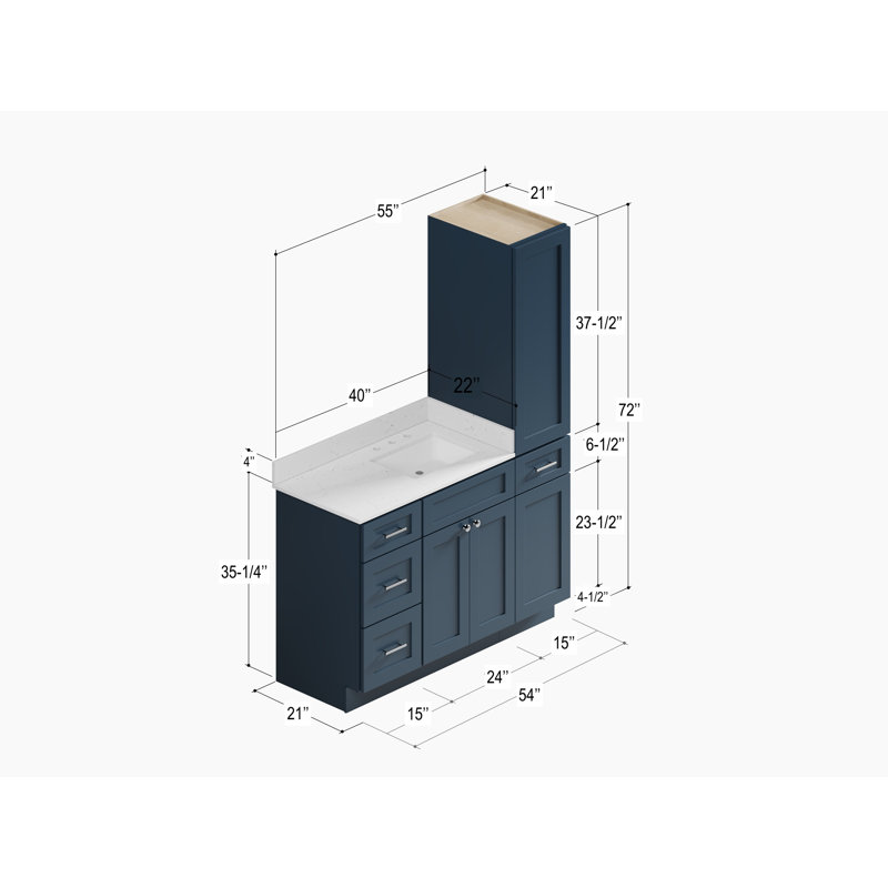 Disar 54'' Single Bathroom Vanity With Right Linen Tall Cabinet Dovetail Solid Wood Drawer Carrara Quartz Top, Blue
