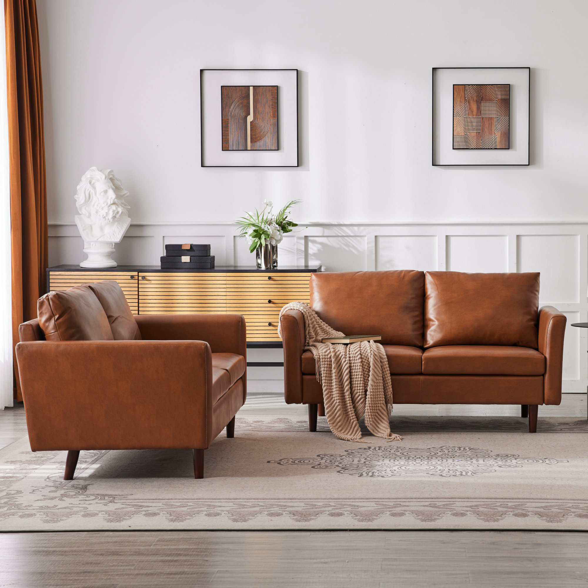 Ebern Designs 58.26'' W Faux Leather Loveseat With Solid Wood Legs(Set ...
