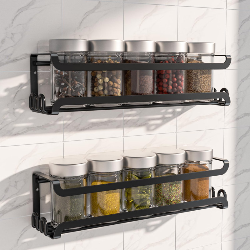 2 Pack Wall Mounted Spice Rack With 16 Hooks, Spice Organizer Shelf
