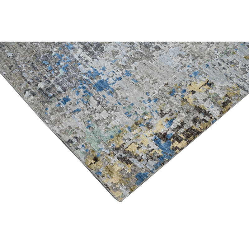 Tapis rectangulaire en laine / soie noué à la main à motif abstrait gris clair / gris / bleu / vert, Rectangle 8 pi x 10 pi