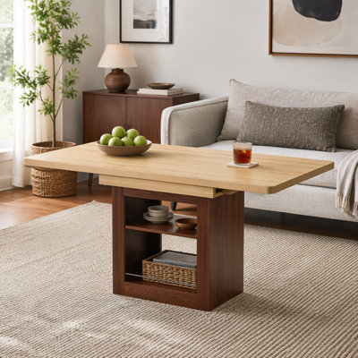 An expandable dining table with storage space, a 59 inch to 71 inch expandable kitchen dining table, rectangular pull table with sturdy MDF frame in walnut color,  accommodating 4-8 people.