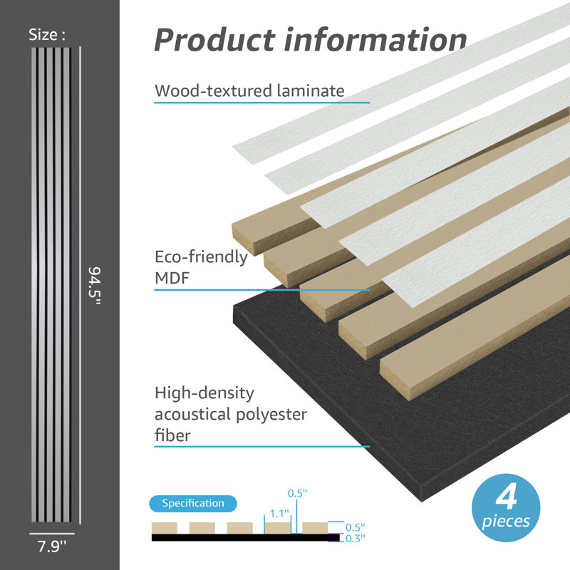 Panneaux muraux décoratifs en panneau de fibres à densité moyenne 3D 4 pièces x 94,5 po x 7,9 po (20,73 pieds carrés / caisse)