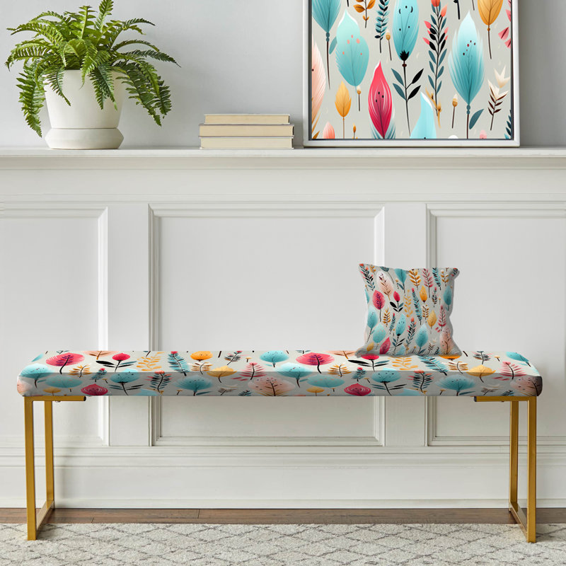Pastel Bohemian Ferns Pattern I - Floral Upholstered Gold Bench