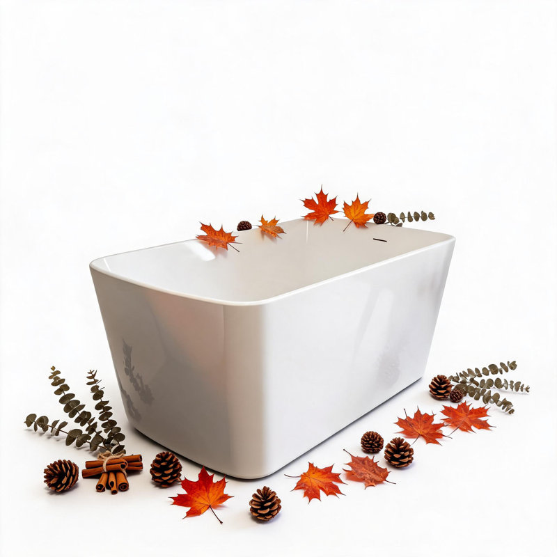 Baignoire îlot de 124 cm (49 pouces) en acrylique, baignoire profonde avec trop-plein et bonde chromés, design compact pour la rénovation des petites salles de bain, installation facile et moderne