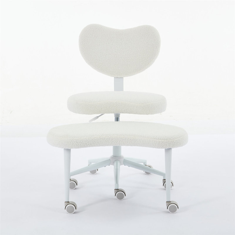 Upholstered Office Chair Ergonomic Cross-Legged Desk Chair with Lumbar Support and Wheels Meditation Chair, Ivory