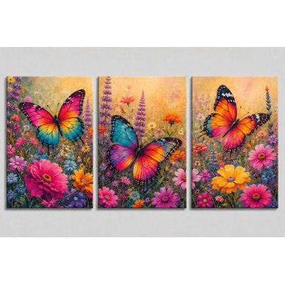Large Butterfly Floral Wall Art Set of 3 Canvas Prints, Colorful Garden Butterfly Artwork for Bedroom Living Room Feminine Decor, 16x24 Inch Canvas Print - Ready to hang
