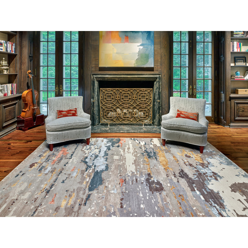 Lumina Abstract Area Rug in Ivory/Silver/Taupe, Runner 3' x 7'