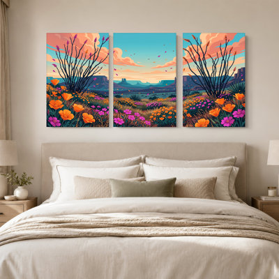 Ensemble de 3 toiles orange et mauves avec buttes du désert