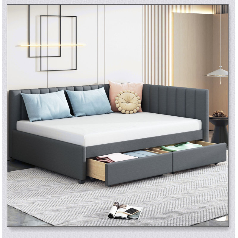 Full Upholstered Daybed With 2 Storage Drawers Sofa Bed Frame, Gray