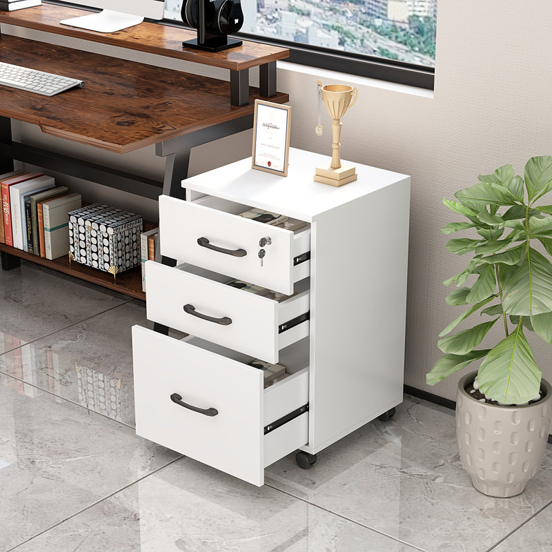 Classeur mobile verrouillable à 3 tiroirs - Armoire de rangement pour articles personnels et de bureau, Blanc