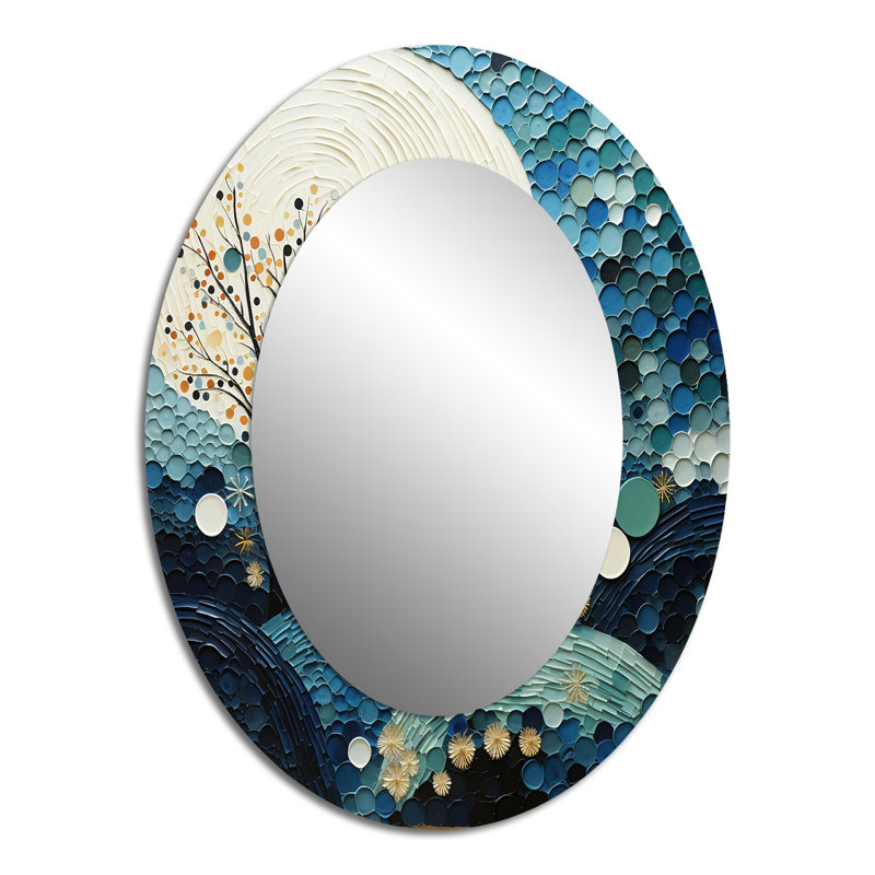 Miroir décoratif ovale abstrait en métal bleu sarcelle Mid Century Minimalist Rain II, 40 po x 30 po