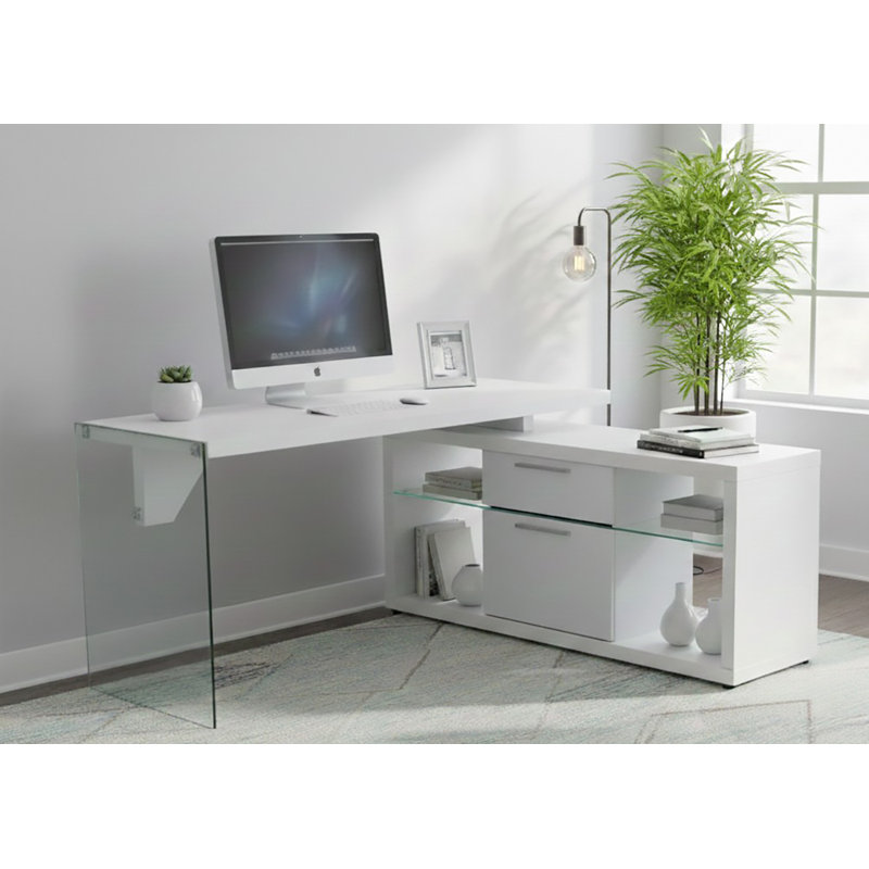 Watlington L-Shaped Writing Desk, White/Clear Glass