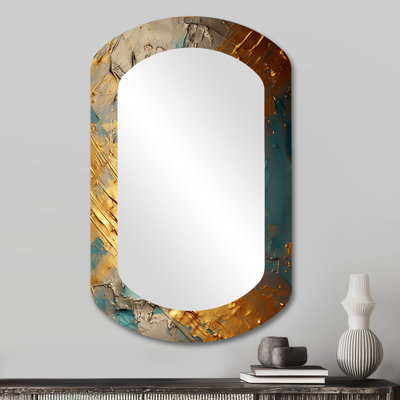 Exquisite Evening Glow Vintage Gold On Teal I - Geometric Asymmetrical Decorative Mirror, Modern Cylinder Wall Mirror, Printed Metal Art