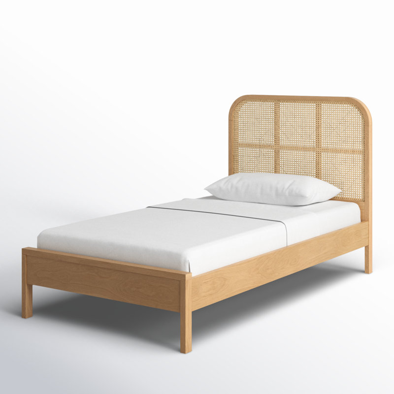 Natural Twin Wood Frame Bed with Cane Headboard