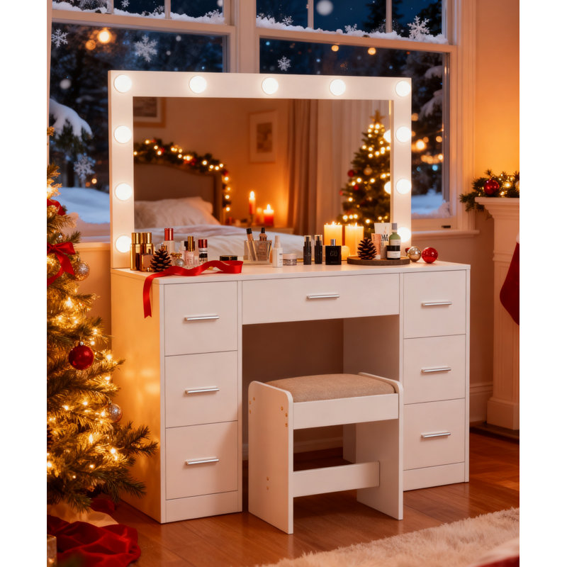 Latitude Run® Vanity Desk Set with Lighted Large Mirror & Cushioned Stool, Bedroom Dressing Table With 7 Drawers, White