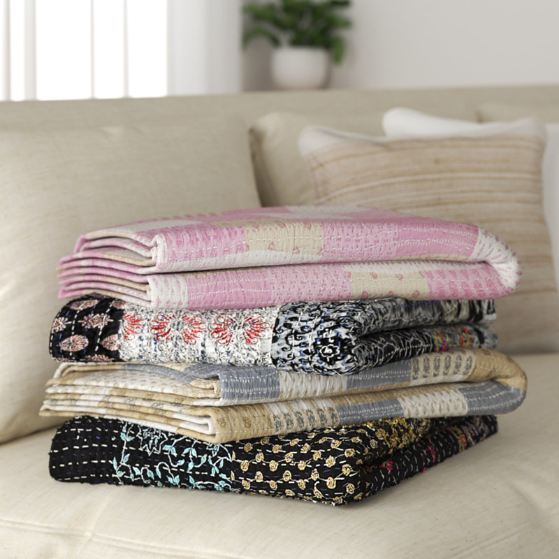 Jeté en coton Advika fait à la main Kantha, Noir