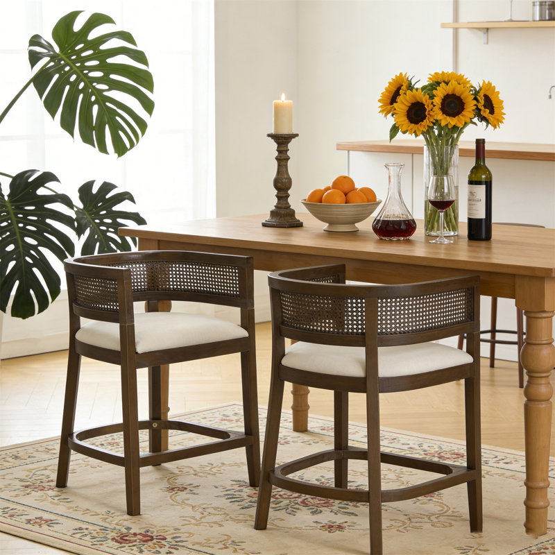Ensemble de 2 tabourets de comptoir en bois et rotin avec accoudoirs rembourrés (table non incluse), Beige, Noyer