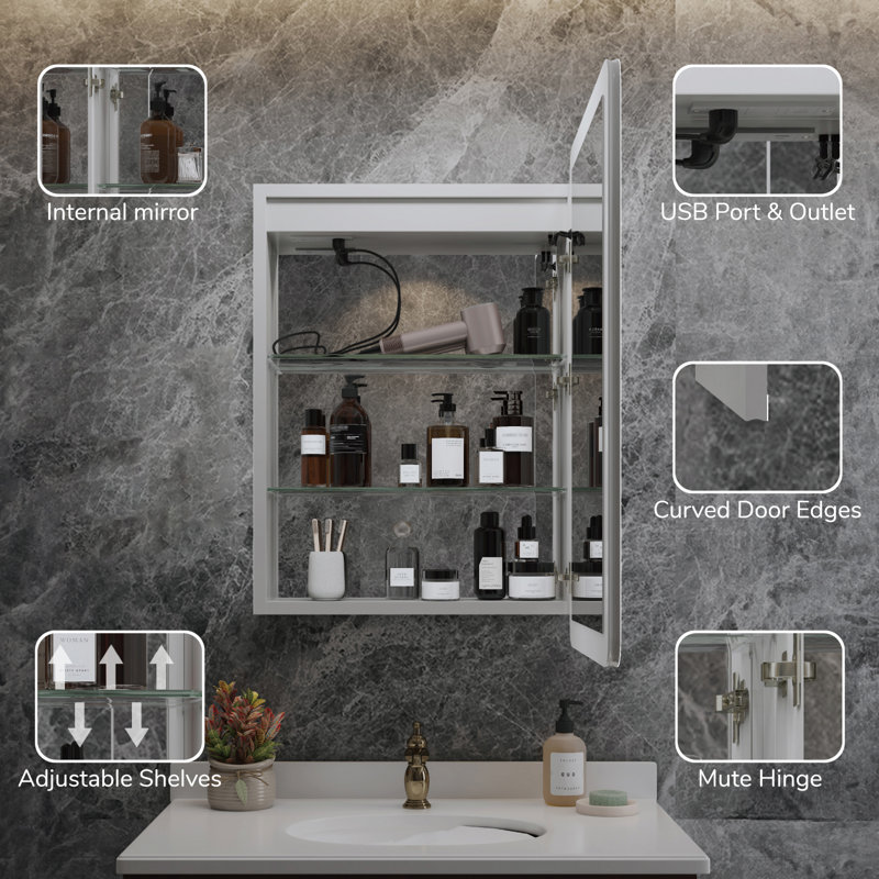 Horatius 20'' W x 28'' H LED Medicine Cabinet with Mirror, ETL Listed, Dimmable Lights, Anti-Fog Defogger, Adjustable Shelves, Extra-Large Storage, Rounded Edge, Recessed or Surface Mount, Frameless Design