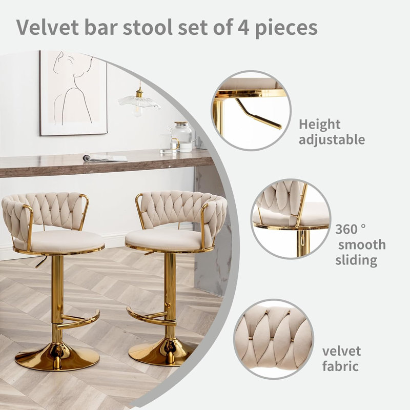 Swivel Bar Stools Set Of 4, Counter Height Bar Stools With Low Back, Velvet Adjustable Height Barstools, Gold Bar Stools For Kitchen Island, Pub