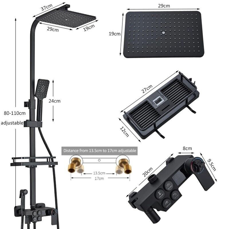 Thermostatic Exposed Shower Mixer Bar Set Bathroom Twin Head Large Square Black