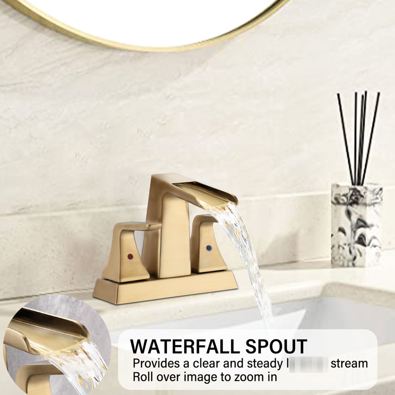 4 Inch Waterfall Bathroom Sink Faucet In Brushed Gold - Solid Brass Made With Double Handle For Adjustable Water And Temperature Ceramic Cartridge Longevity Fits 2/3 4-Inch Configurations