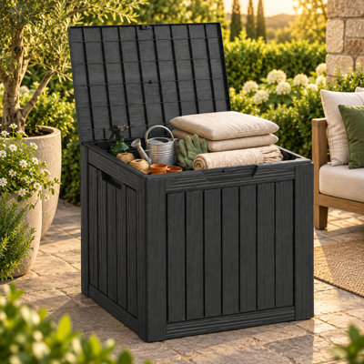 30 Gallon Resin Deck Box with Lockable Lid - Outdoor Waterproof Storage for Patio Furniture, Garden Tools, Cushions & Pool Accessories, Wood Grain Design, All-Weather Durable, Easy Assembly
