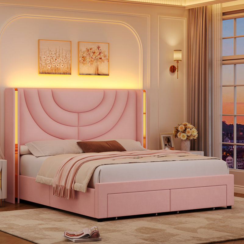 Sturminster Velvet Upholstered LED Bed with Wall Wash Light, Platform Storage Bed with 2 Drawers, RGB Lighting & Wingback Headboard, No Box Spring Needed, Modern Luxury Bed (Beige/Black/Pink)