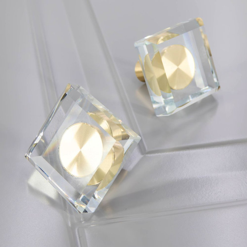 1 3/16" Square Clear Glass Knob, Brushed Brass/Clear