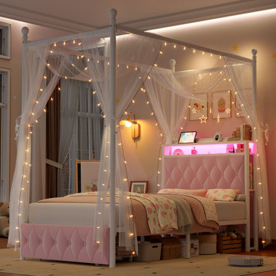👑 LED Canopy Bed Frame with USB Charging & Drawers, Metal Bed Frame with 2-Tier Shelves, Canopy Bed Convertible to Platform Storage Bed by Wrought Studio 👑 LED Canopy Bed Frame with USB Charging & Drawers, Metal Bed Frame with 2-Tier Shelves, Canopy Bed Convertible to Platform Storage Bed by Wrought Studio