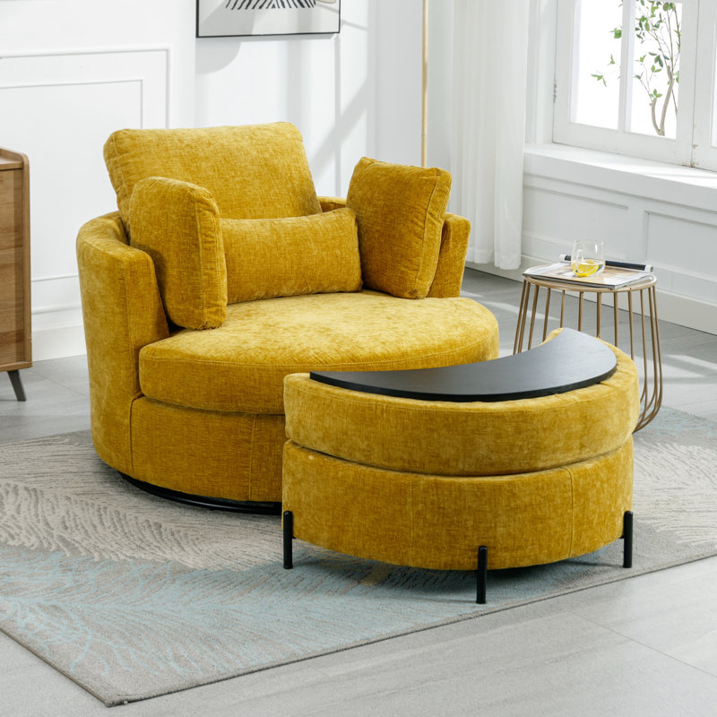 Mustard Chenille Swivel Barrel Chair with Ottoman