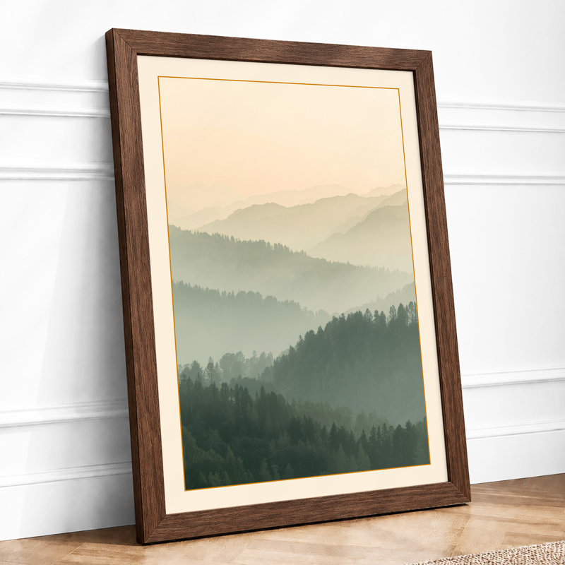 Mountains in Mist Scandinavian - Framed Print, A2 - 59.4 x 42.0 cm, Walnut