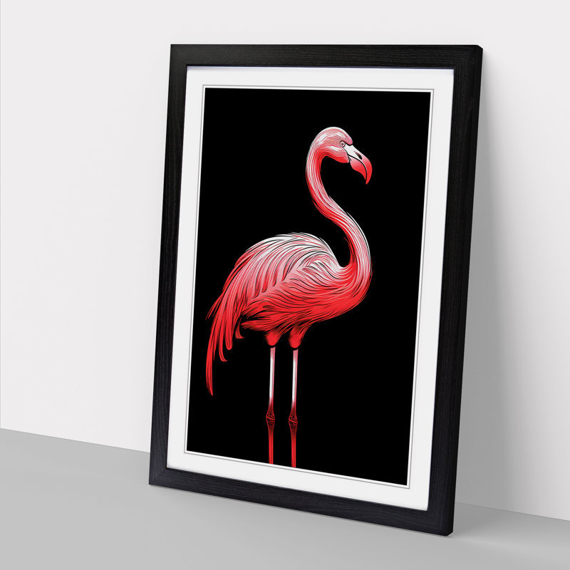 Flamingo Line No.2 - Single Picture Frame Print on Wood, Black Framed, 64cm H x 46cm W